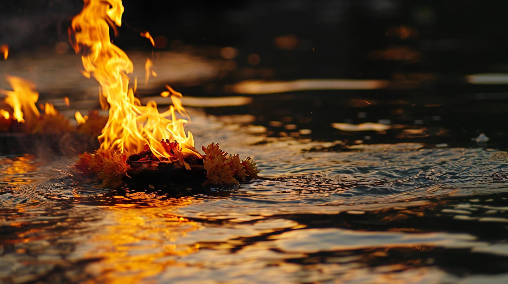 ai generato vivido fiamme danza su galleggiante fiori a crepuscolo foto