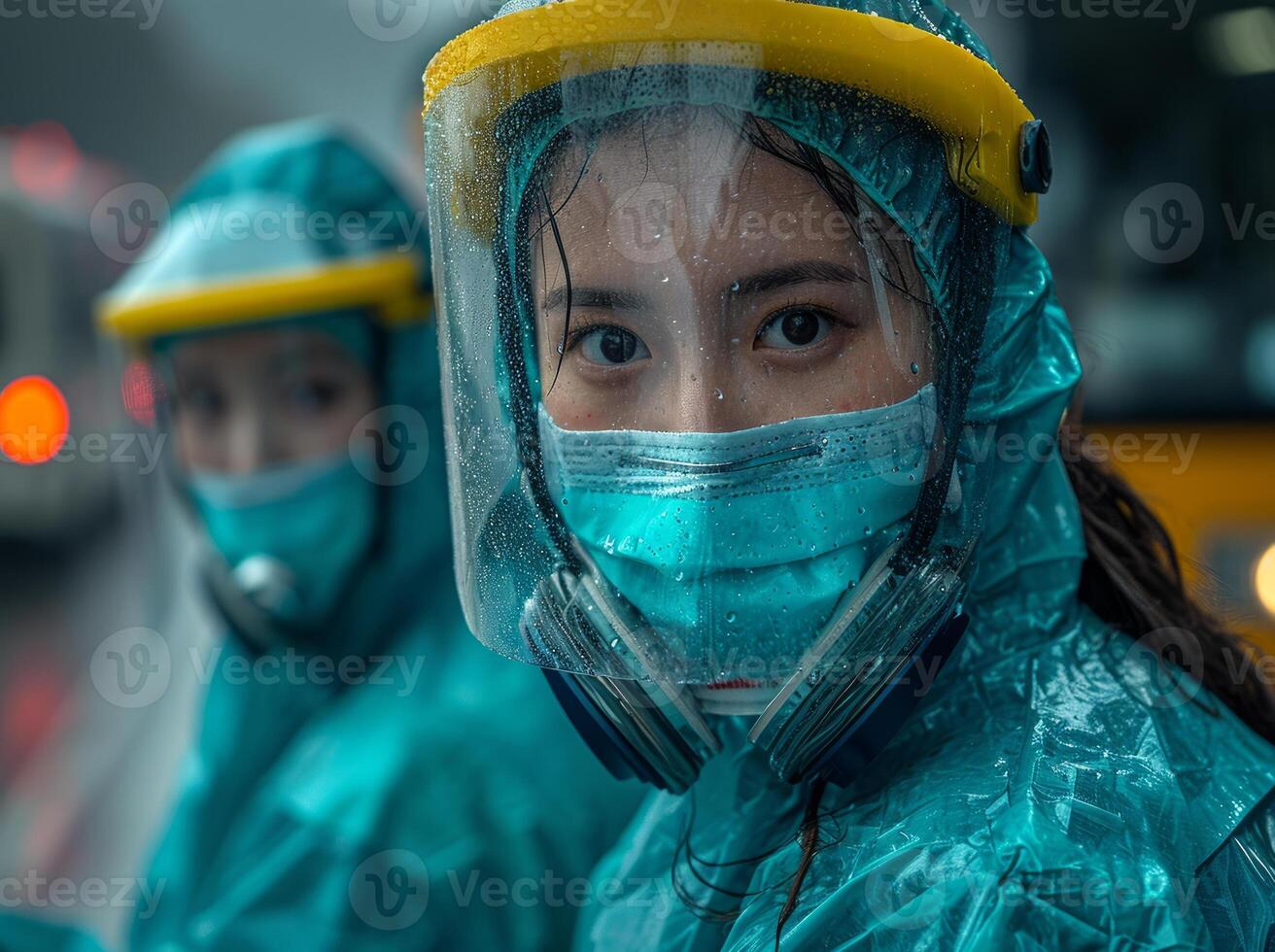 ai generato asiatico donne indossare impermeabile e maschera per proteggere contro il virus foto