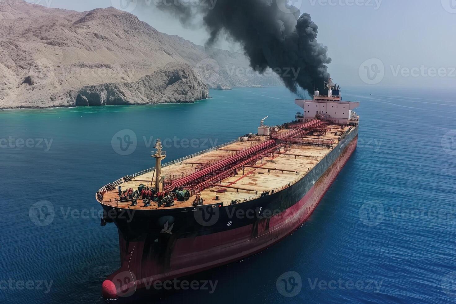 ai generato nave olio petroliera nel rosso mare essere colpire di missile ardente nave foto