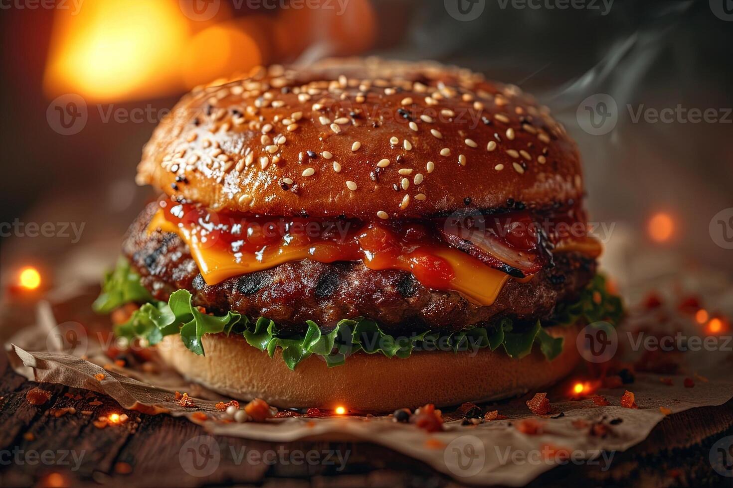 ai generato demonico cheesburger inferno nel fiamma sfondo foto