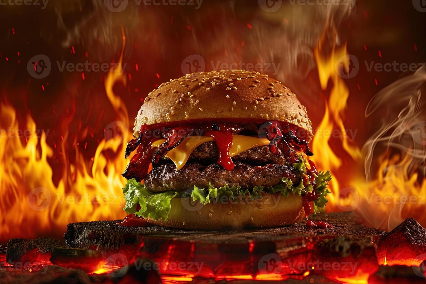 ai generato diavolo forma Hamburger nel un' inferno nel fiamma sfondo foto