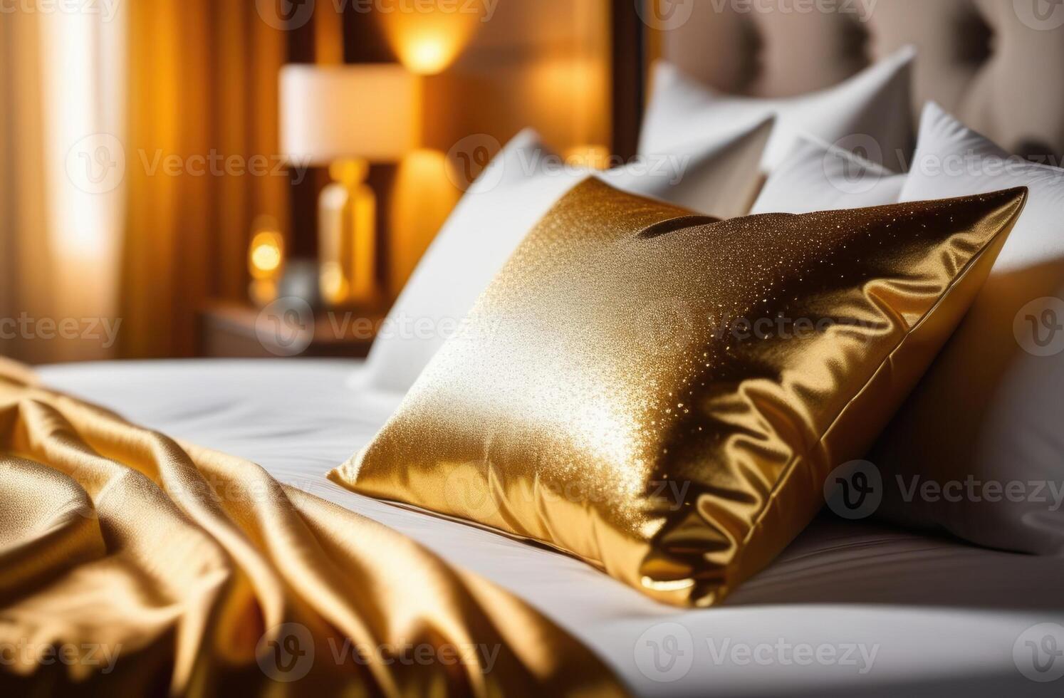 ai generato mondo dormire giorno, moderno Camera da letto interno, accogliente atmosfera, seta letto biancheria, d'oro sfumature, lusso Hotel foto