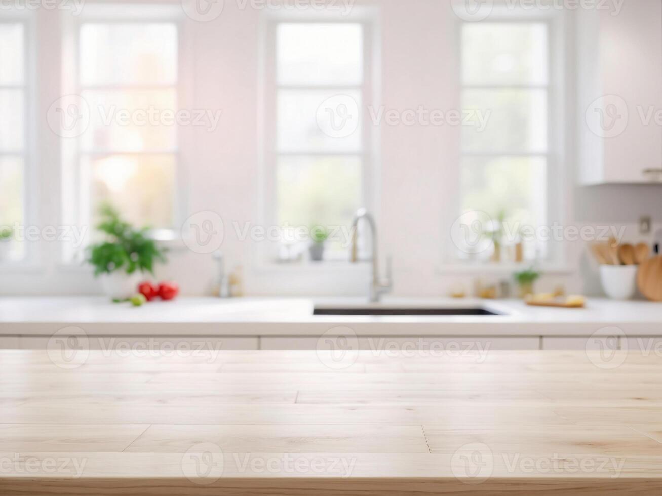 ai generato vuoto legna tavolo con sfocato moderno cucina camera sfondo, bianca colore cucina per visualizzazione Prodotto foto