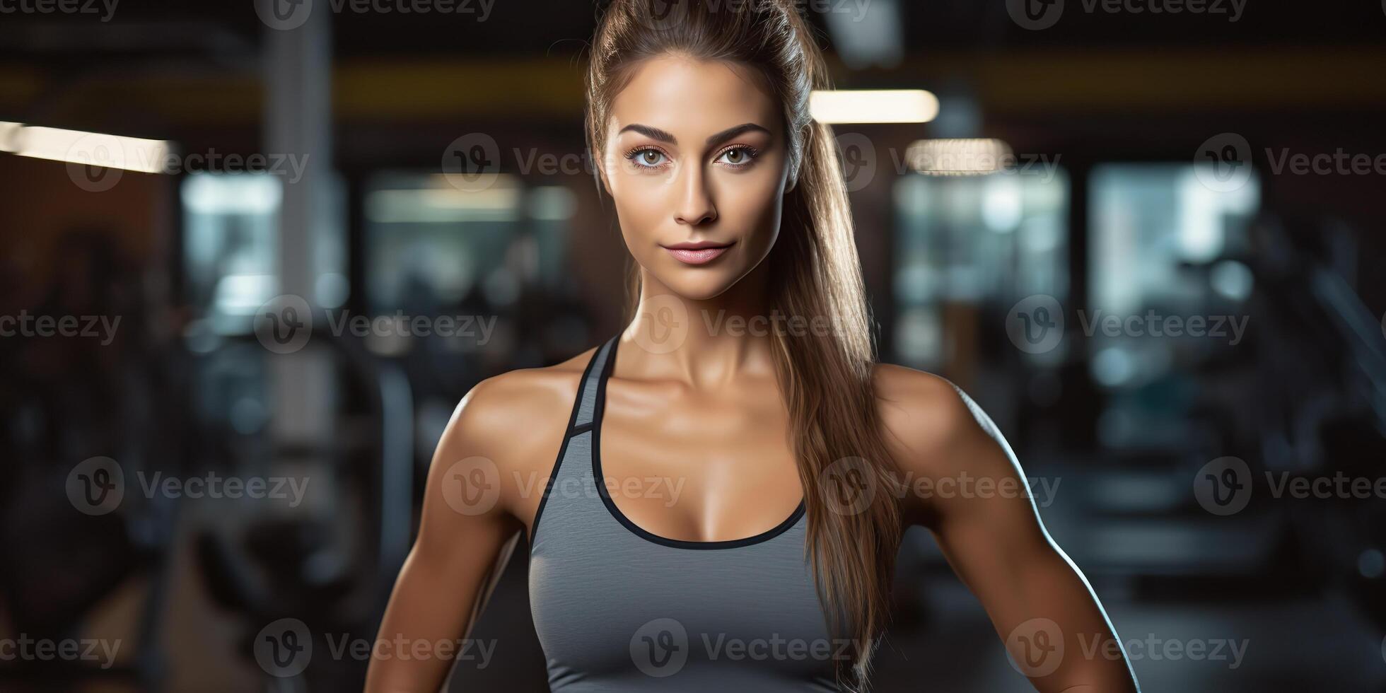 ai generato in forma sportivo donna ragazza femmina atleta a Palestra sfondo nel bene forma e sport vestito. ritratto viso con foto