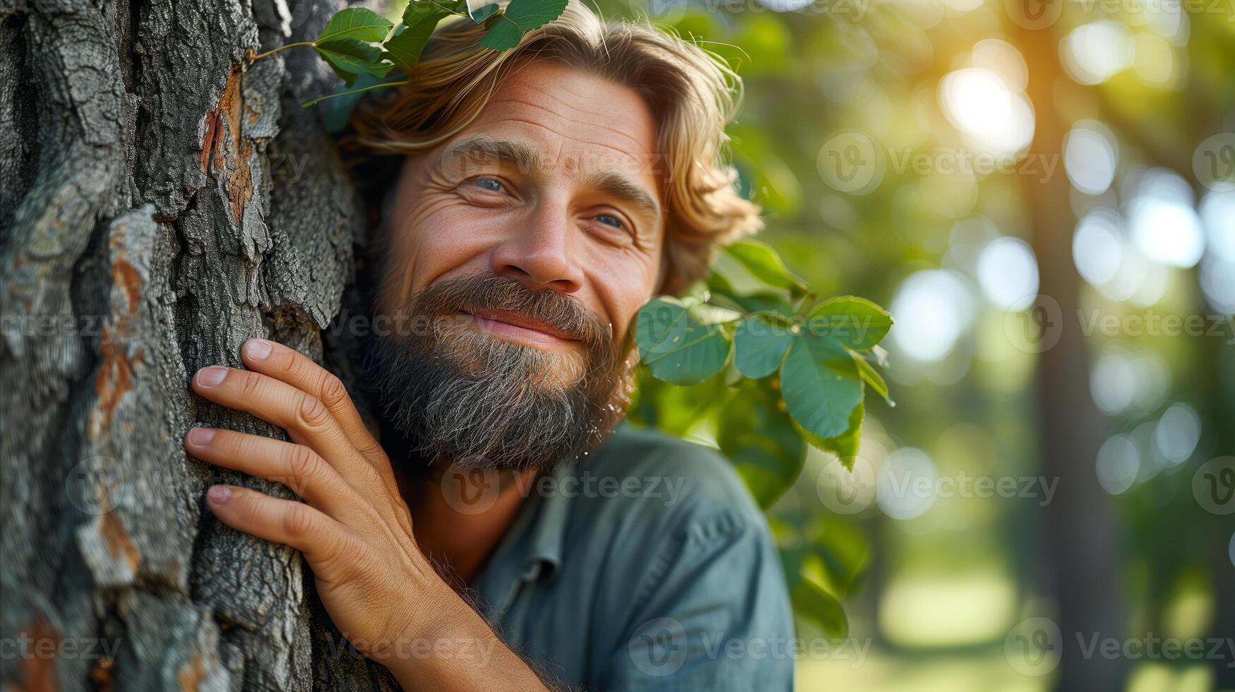 ai generato barbuto uomo pendente contro albero foto