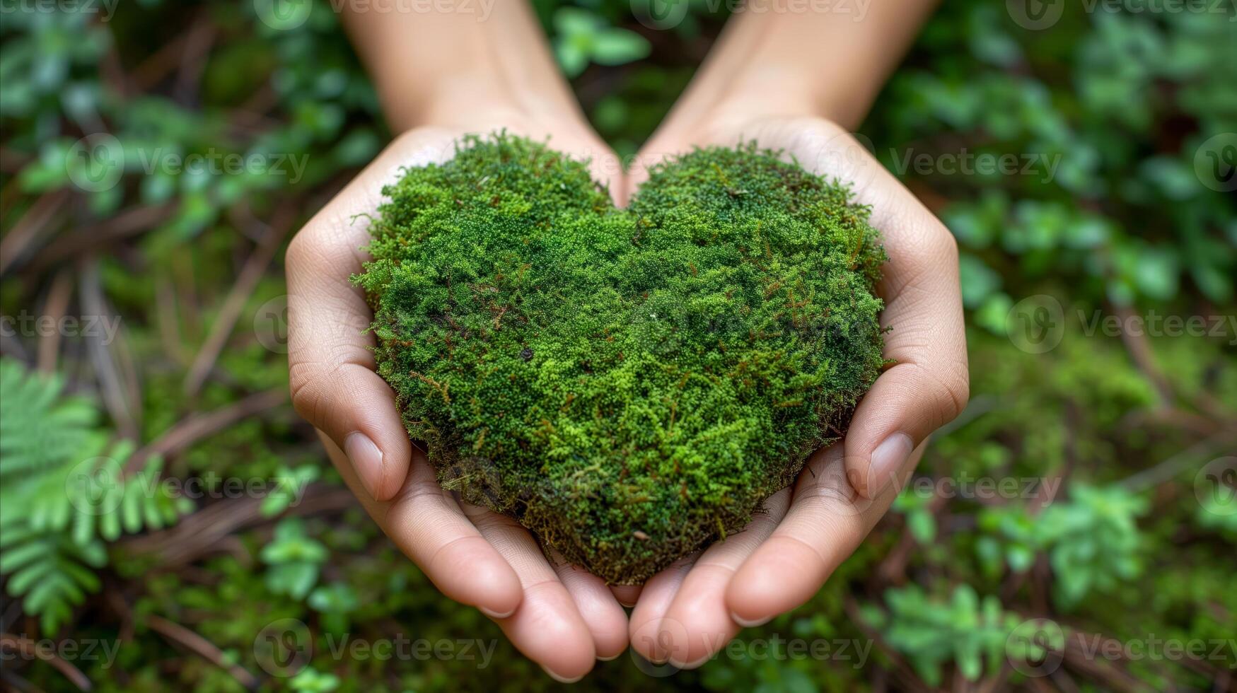 ai generato umano mani cullare un' a forma di cuore muschio nel natura foto