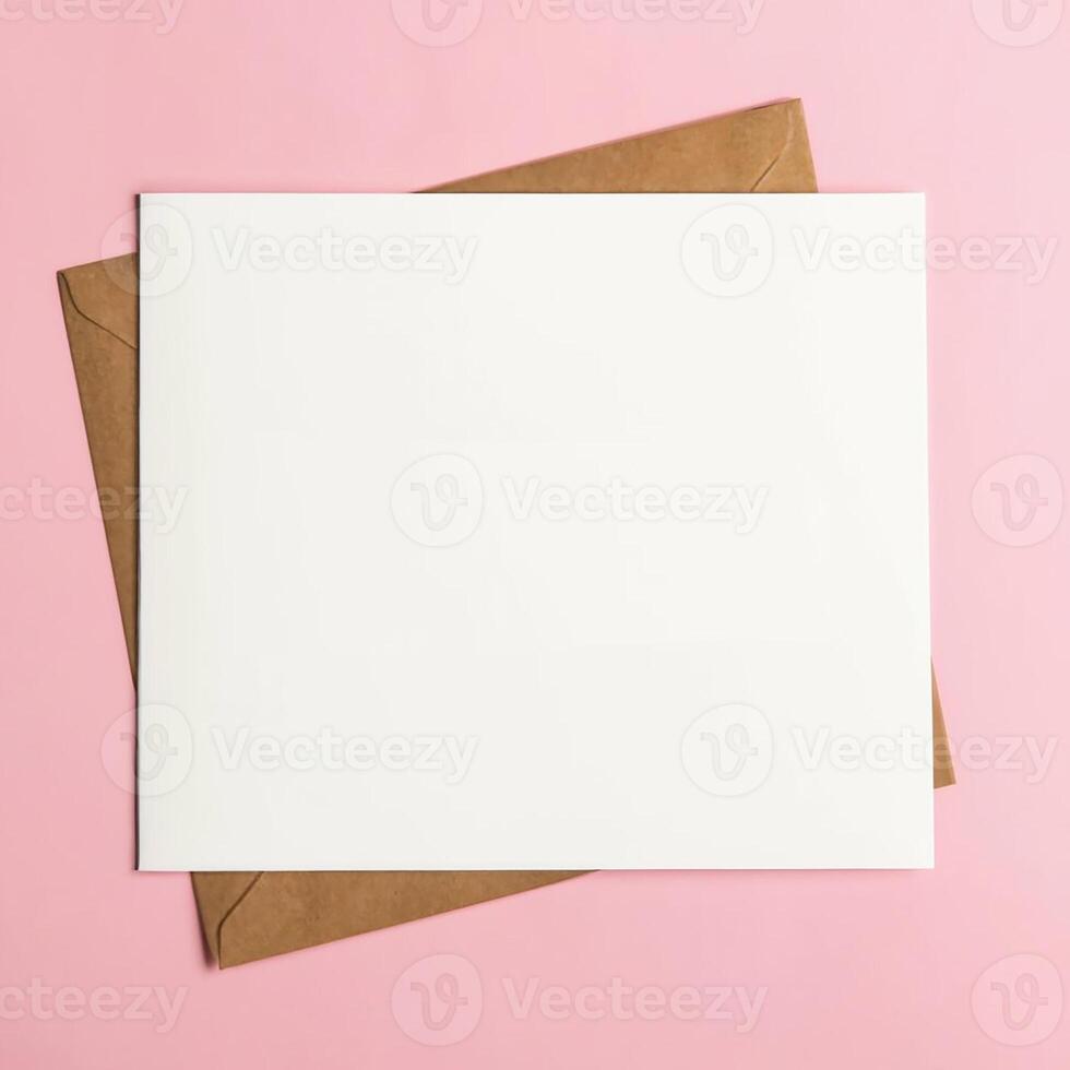ai generato modello, cartolina con Busta su rosa sfondo. bianca pezzo di carta su il sfondo di un' posta Busta foto