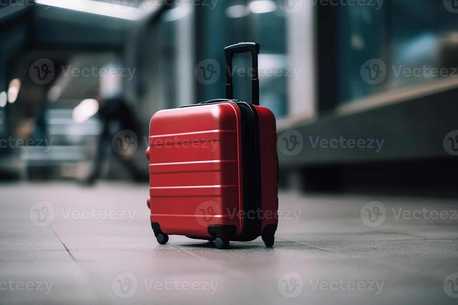 ai generato carino rosso valigia su ruote per viaggiare, bagaglio a il aeroporto. turismo, vacanza, viaggio concetto foto