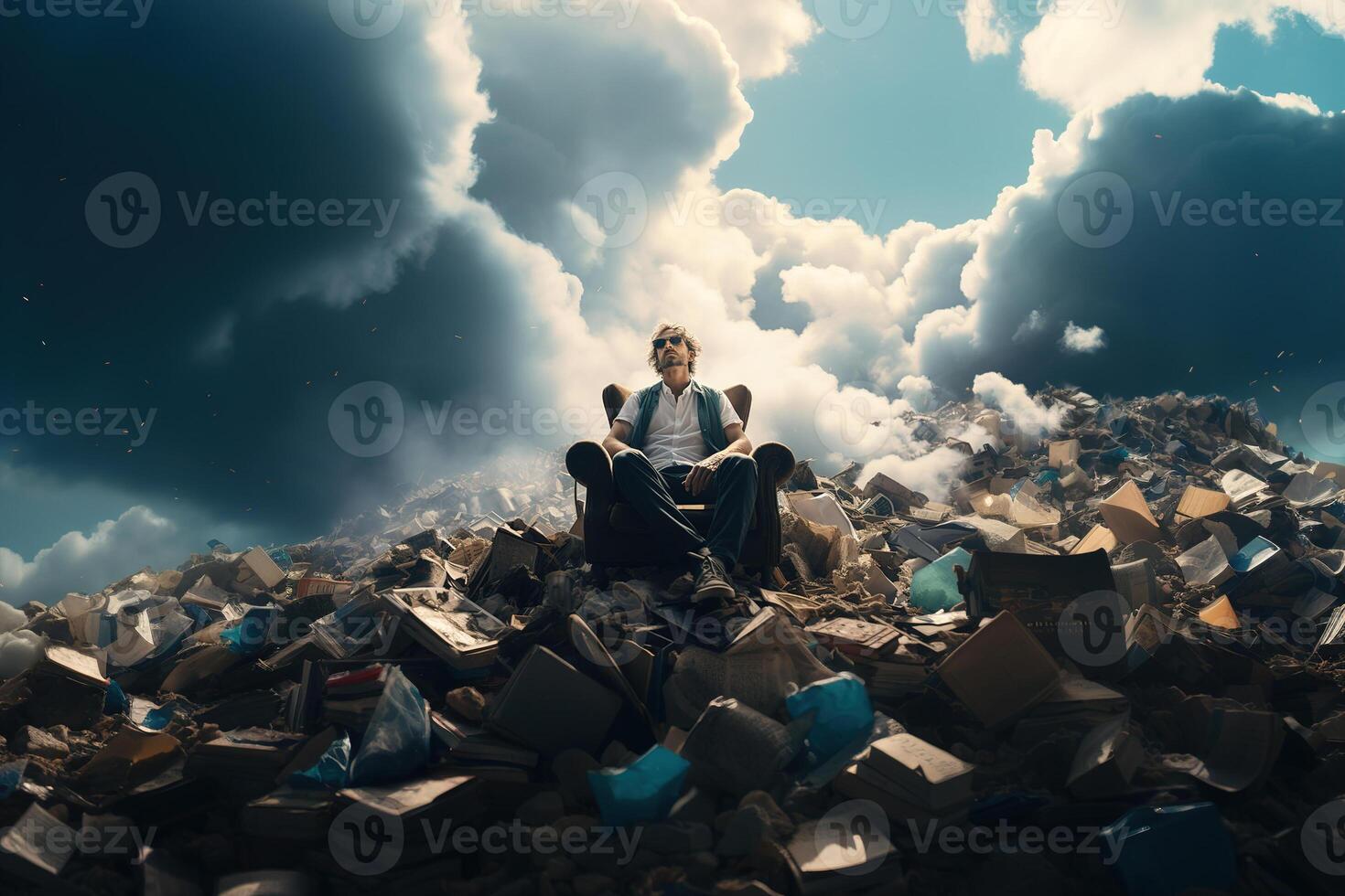 ai generato ecologico crisi, sociale problema, ambientale inquinamento, sciupare. indifferente uomo nel un' completo da uomo seduta nel un' sedia su un' grande mucchio di spazzatura nel un' discarica, all'aperto foto