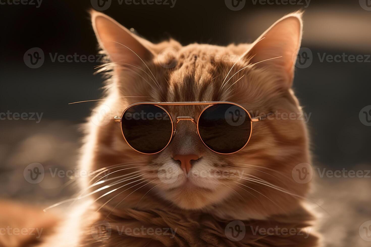 ai generato ritratto di elegante Zenzero gatto nel occhiali da sole su soleggiato giorno all'aperto. animale generativo ai foto