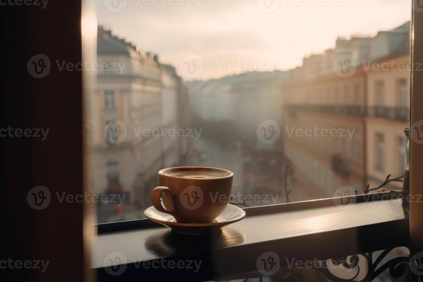 ai generato avvicinamento di un' tazza di caffè su il davanzale di il finestra al chiuso. bevanda boccale con copia spazio, generativo ai foto