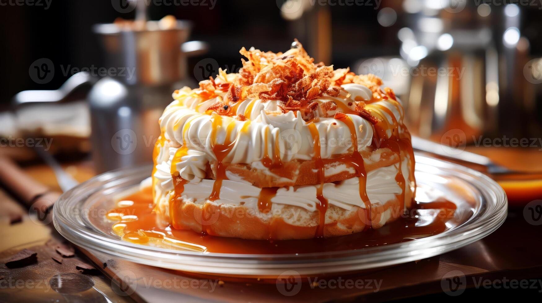 ai generato Pancakes con frustato crema e caramello su un' di legno tavolo. foto