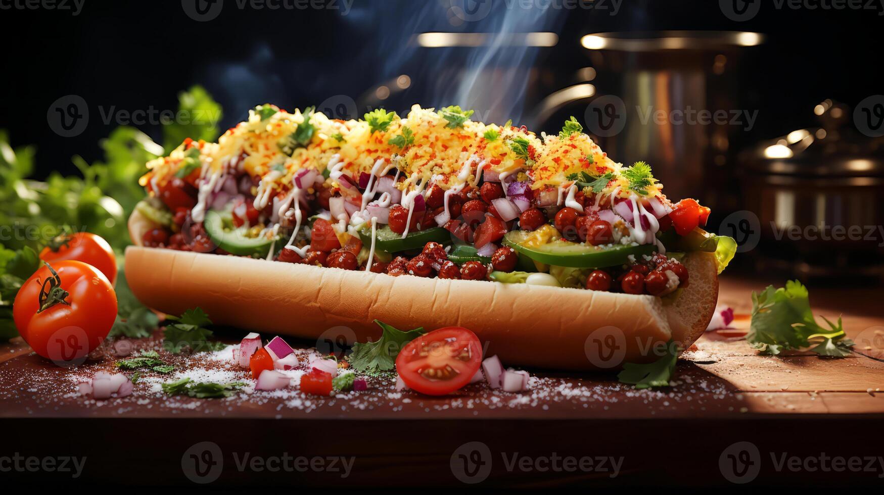 ai generato caldo cane con chili e verdure su un' di legno tavolo. foto