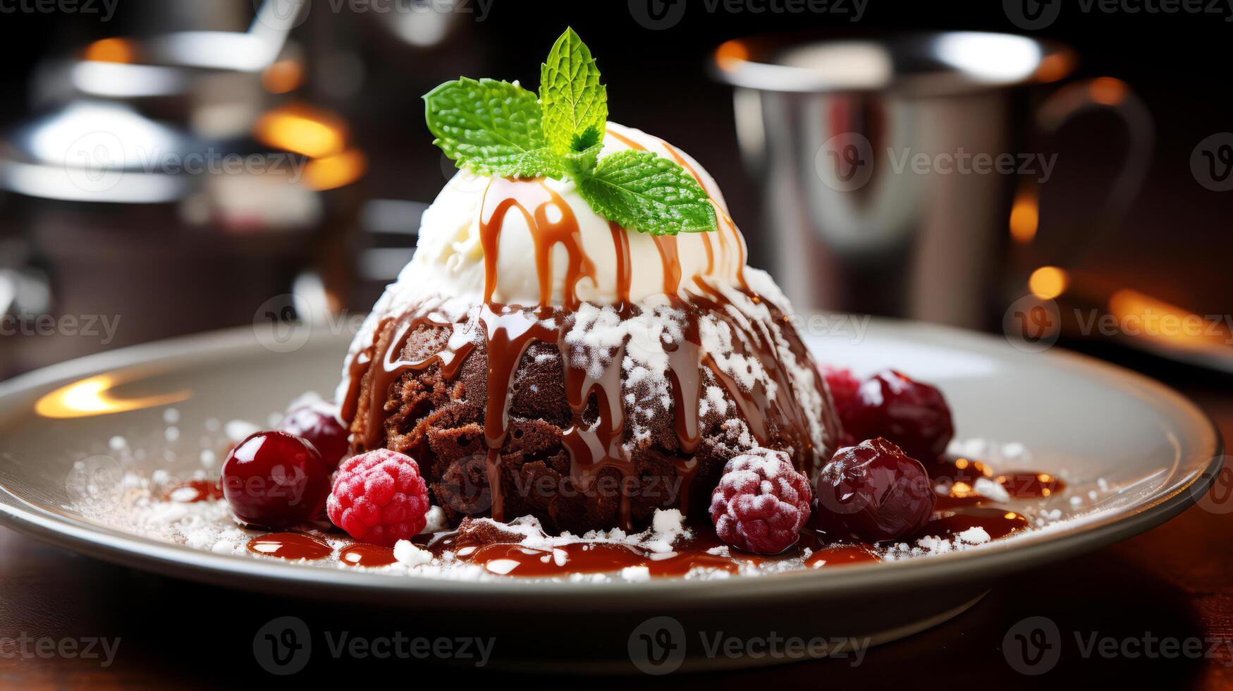 ai generato cioccolato ghiaccio crema con frustato crema e fresco frutti di bosco su un' piatto. foto