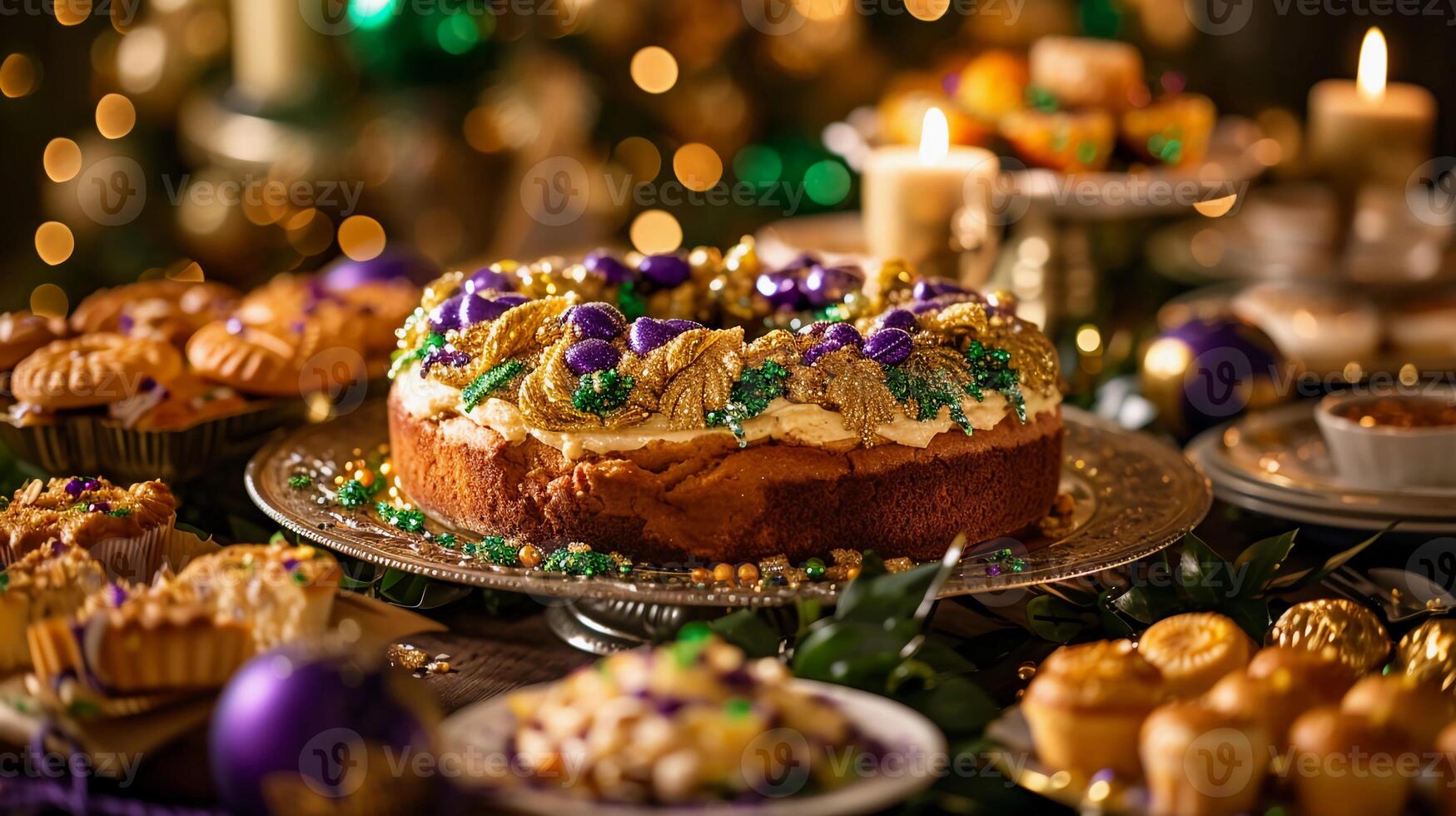 ai generato tavolo con tradizionale mardi gras tratta. re torta con verde, giallo, viola arredamento. ai generativo foto