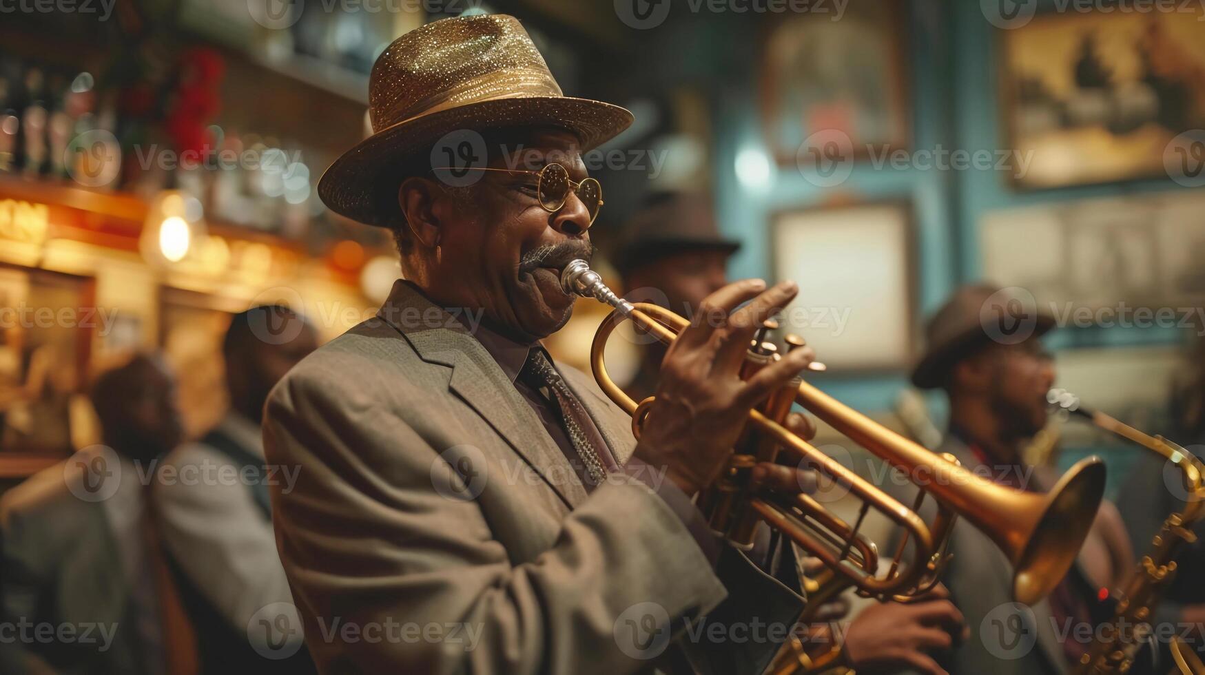 ai generato jazz gruppo musicale prestazione nel nuovo orleans sbarra. mardi gras. musicisti giocando sentimentale melodie. ai generato foto