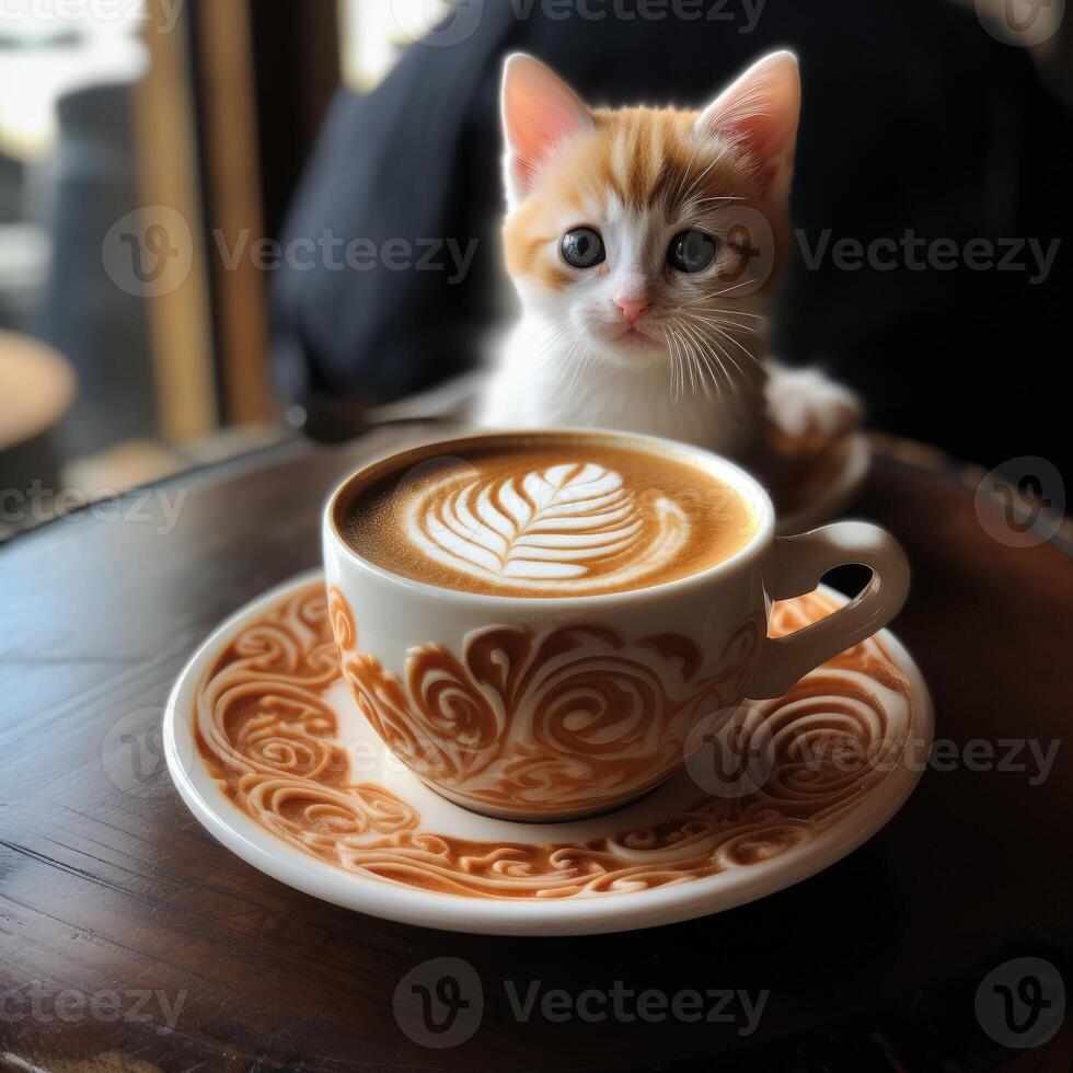 ai generato un' piccolo, bianca gattino con blu occhi è seduta Il prossimo per un' tazza di cappuccino su un' piattino, ai generato foto