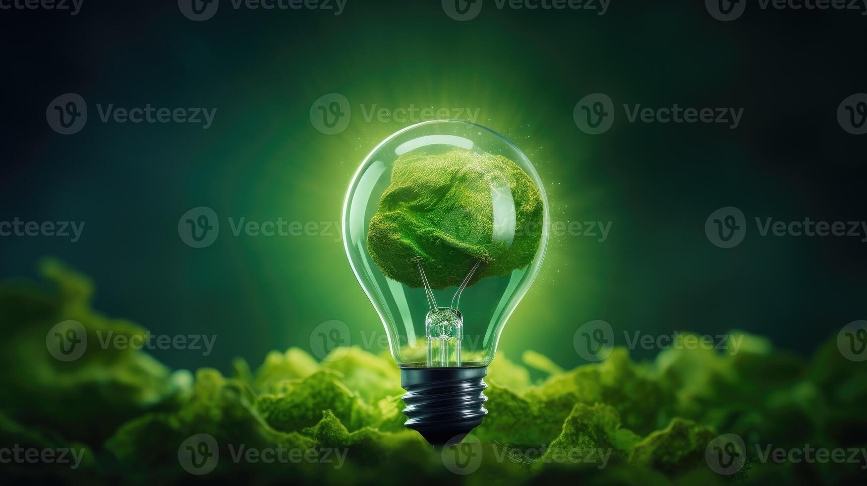 ai generato illuminare il verde energia concetto con un' lampadina sagomato come pianeta terra contro un' verdeggiante sfondo. ai generato. foto