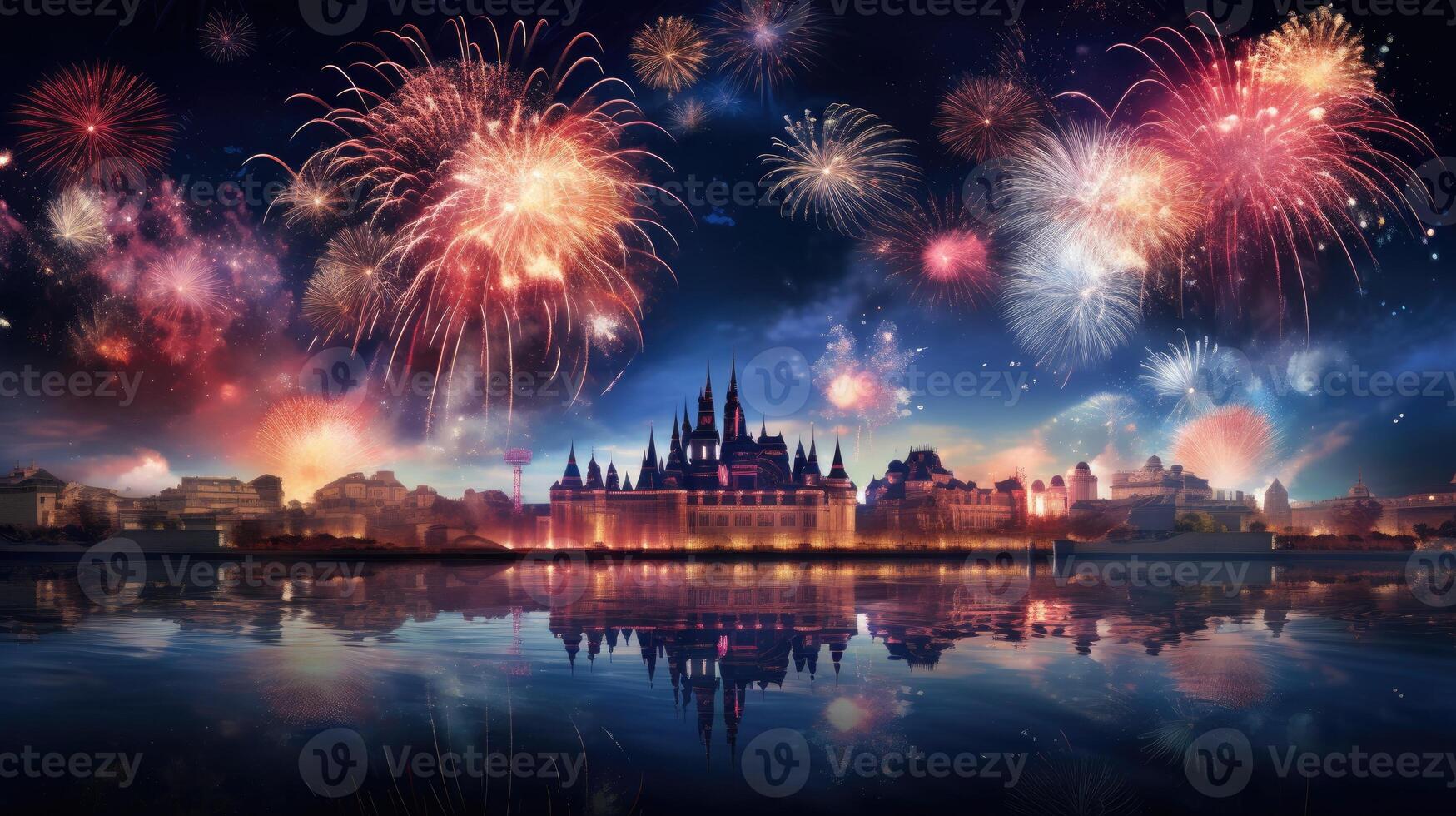 ai generato un' globale contento nuovo anno Festival sfondo, ornato con un' fuochi d'artificio Schermo, ai generato. foto