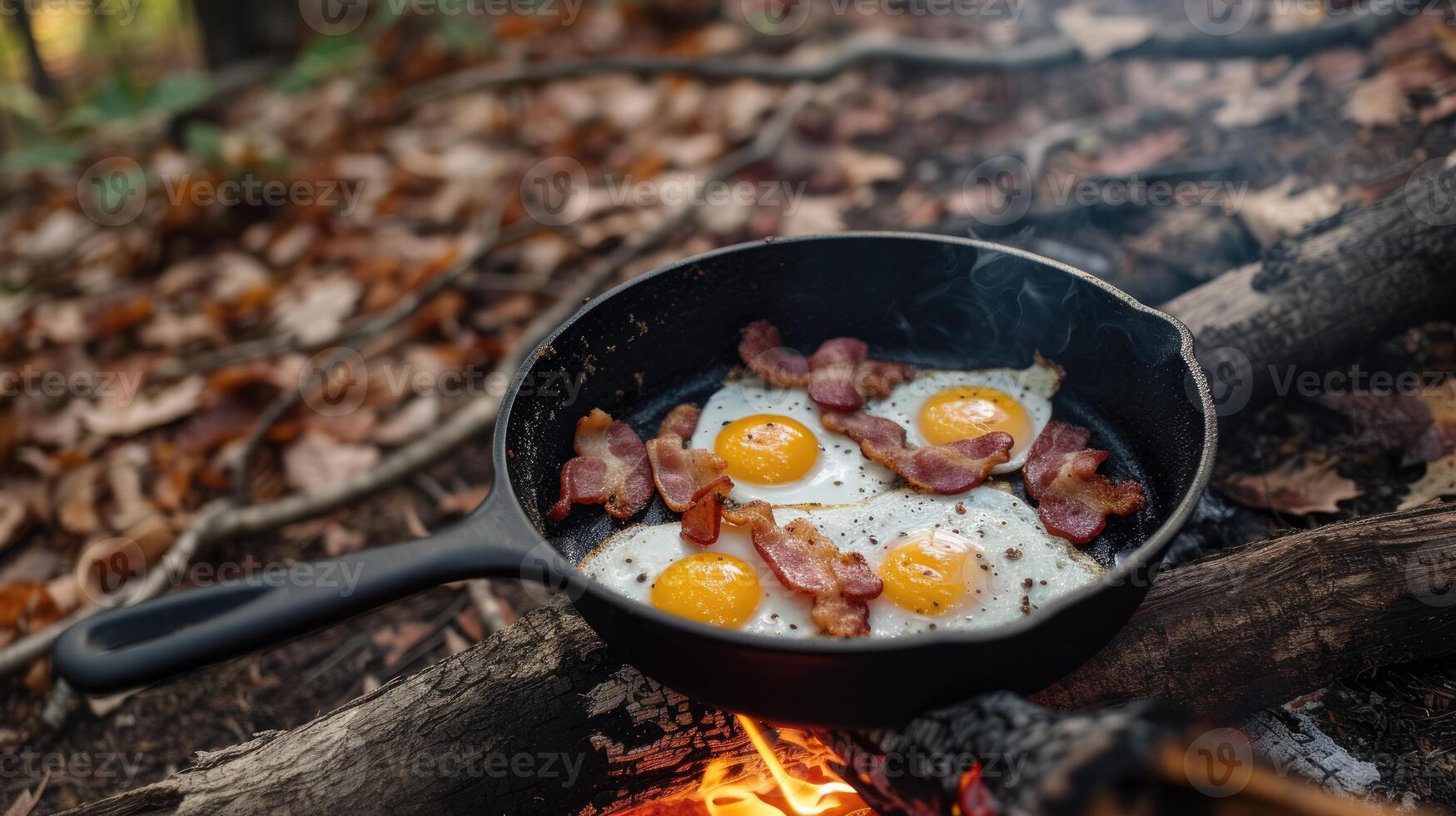 ai generato Bacon e uova frizzante nel un' getto ferro padella, ai generato. foto