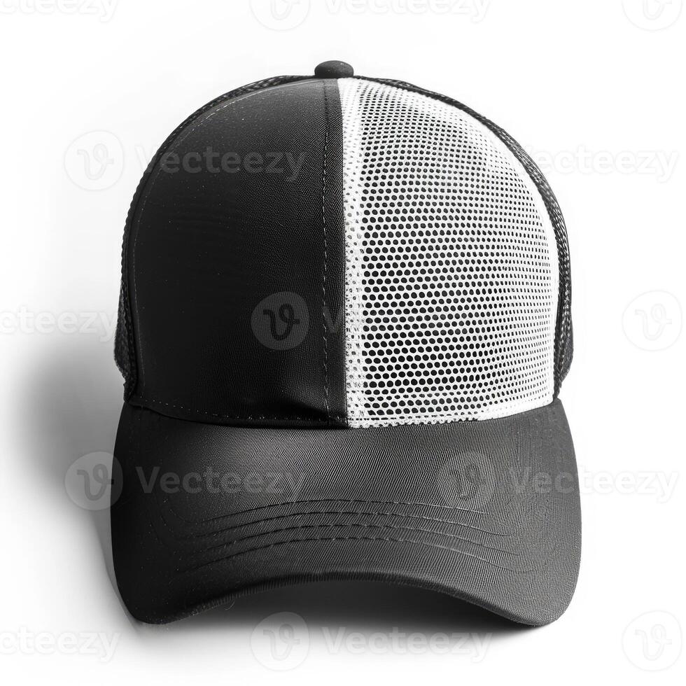 ai generato di moda nero e bianca maglia camionista cappello isolato su bianca sfondo, ai generato. foto
