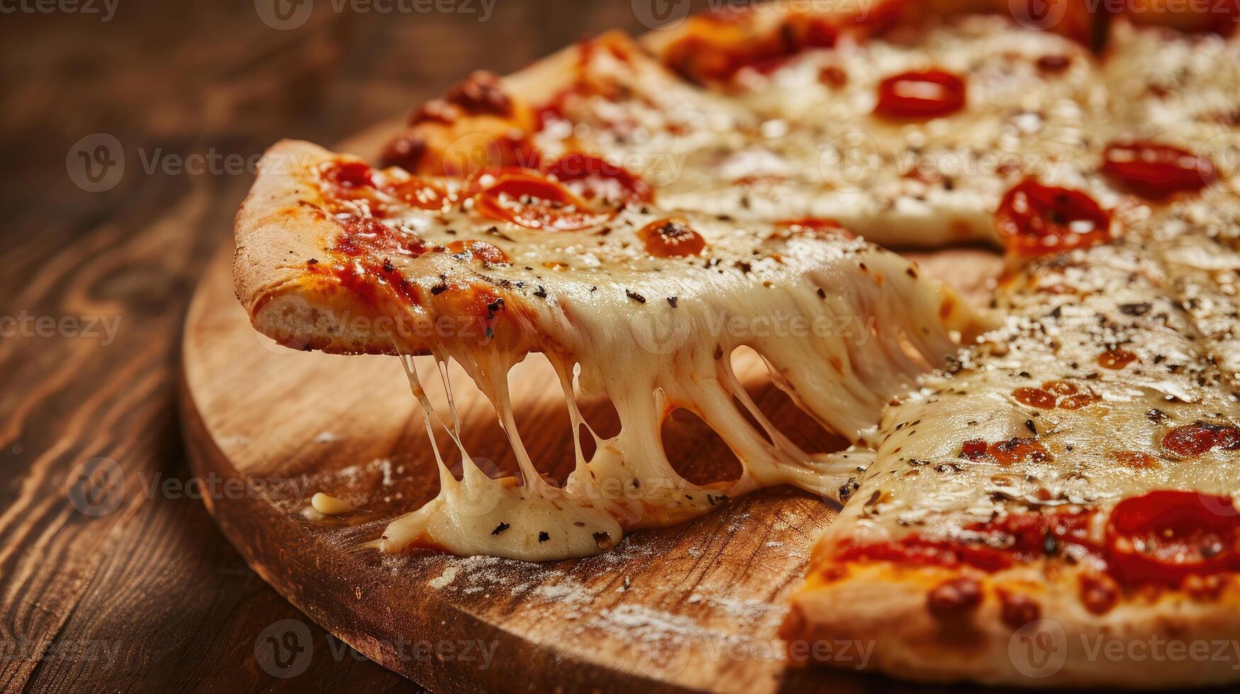 ai generato caldo Pizza fetta con fusione formaggio su un' rustico di legno tavolo, un' acquolina in bocca delizia, ai generato. foto