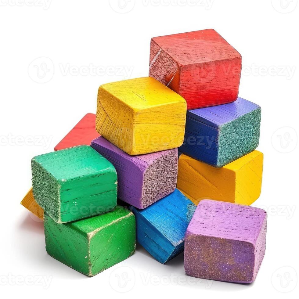 ai generato colorato di legno blocchi, figli di creatività nel vivace pile. giocoso apprendimento, ai generato. foto