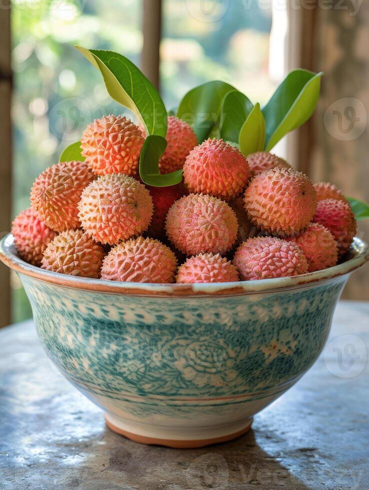 ai generato esotico litchi, con un' ruvido, rosa-rossastro conchiglia e succoso, dolce interno carne, ai generato. foto