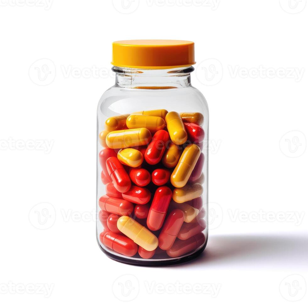 ai generato chiaro bottiglia pieno con colorato rosso e giallo vitamine o capsule, ai generato. foto