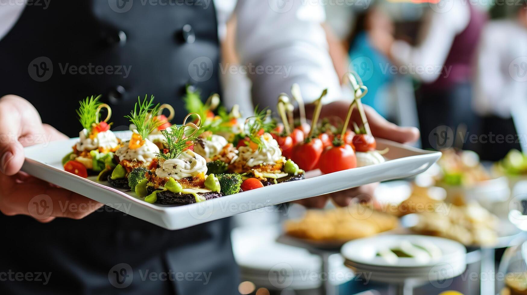 ai generato Cameriere con grazia regali Antipasti su un' piatto a festivo evento, ai generato foto