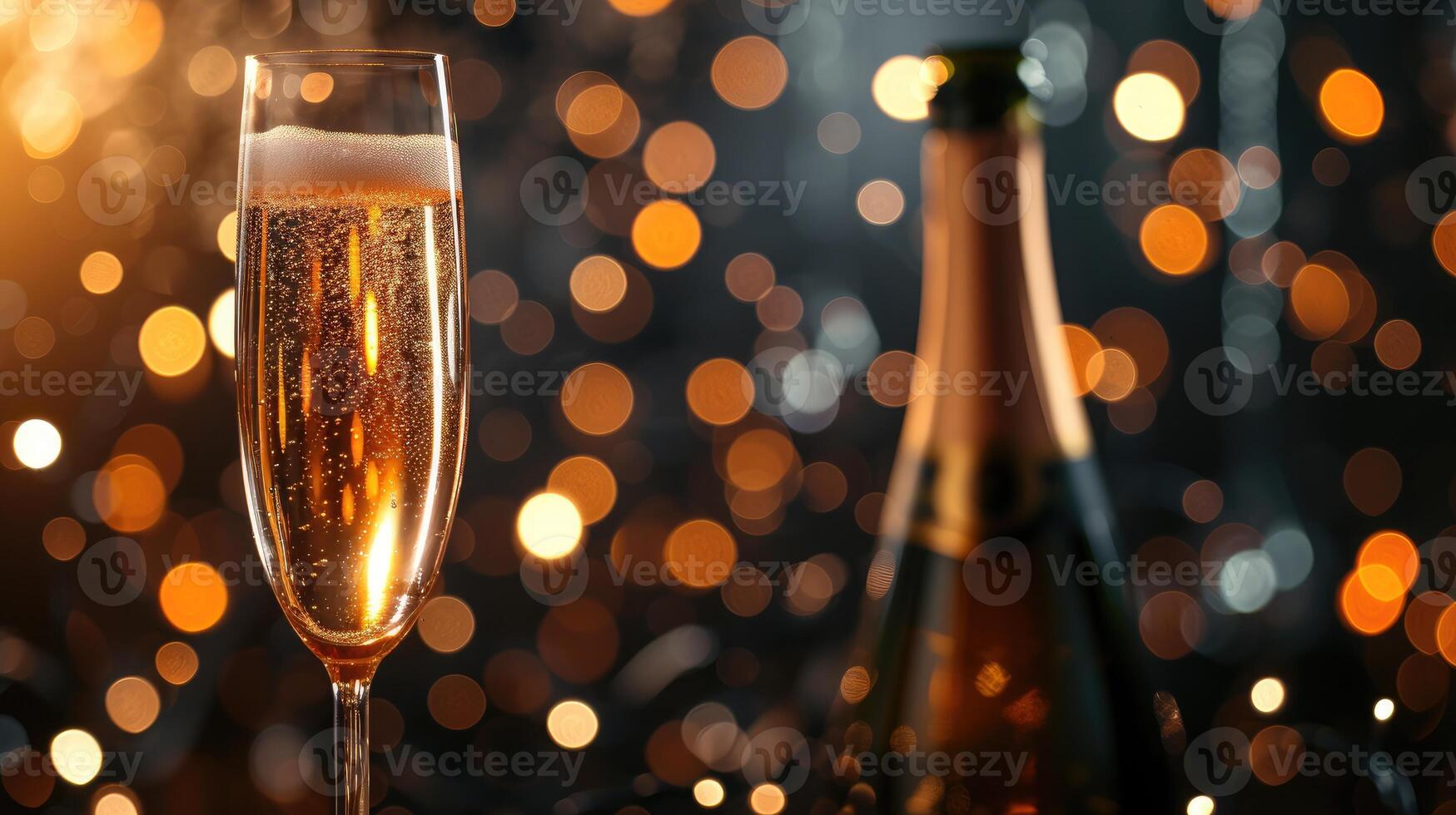 ai generato festivo bicchiere di Champagne e bottiglia su un' bokeh sfondo, ai generato. foto