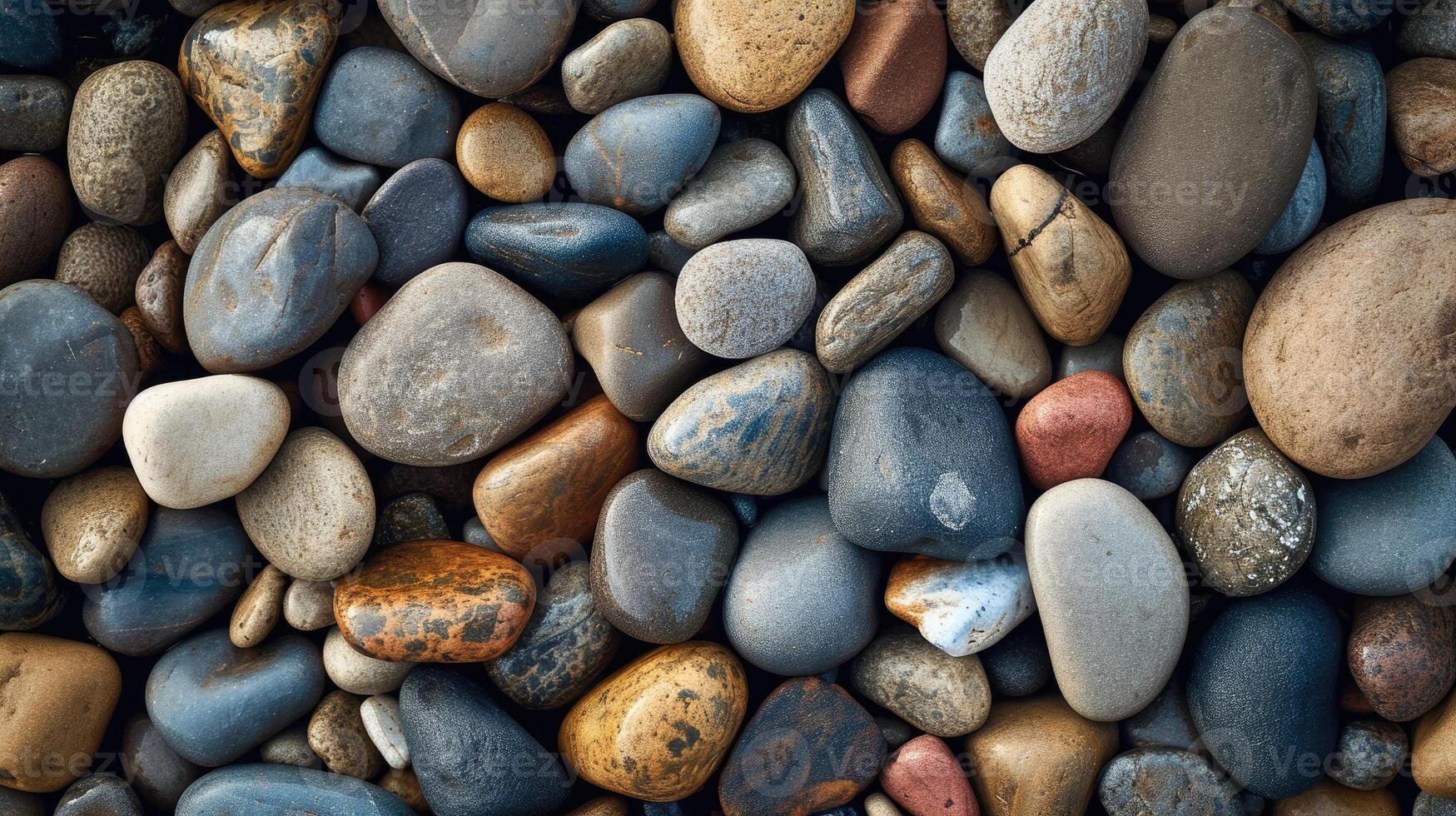 ai generato avvicinamento di ciottolo pietre su il costa, la creazione di un' naturale spiaggia pietre sfondo nel un' superiore Visualizza, ai generato foto