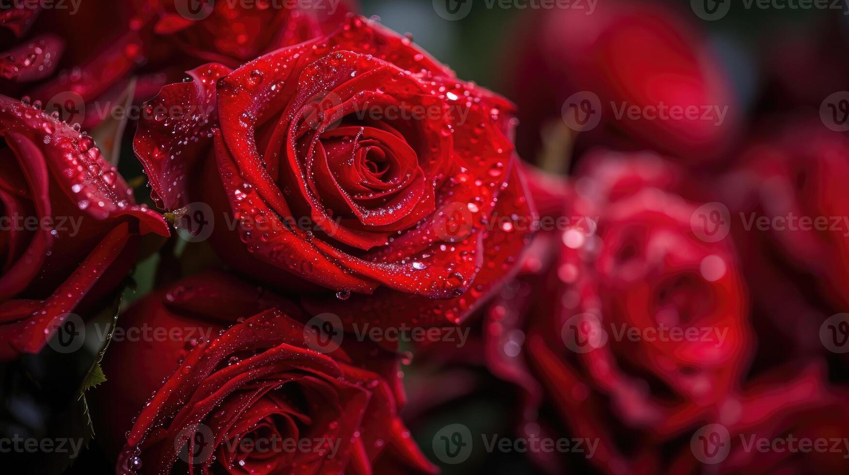 ai generato catturare il essenza di romanza come acqua goccioline adornano un' mazzo di appassionato rosso Rose. della natura amore storia. ai generato. foto