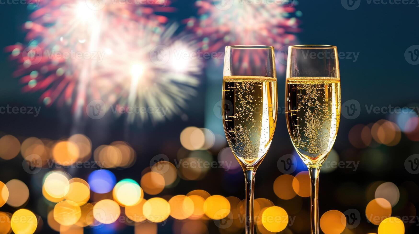 ai generato Champagne bicchieri contro il fondale di notte città fuochi d'artificio, ai generato foto