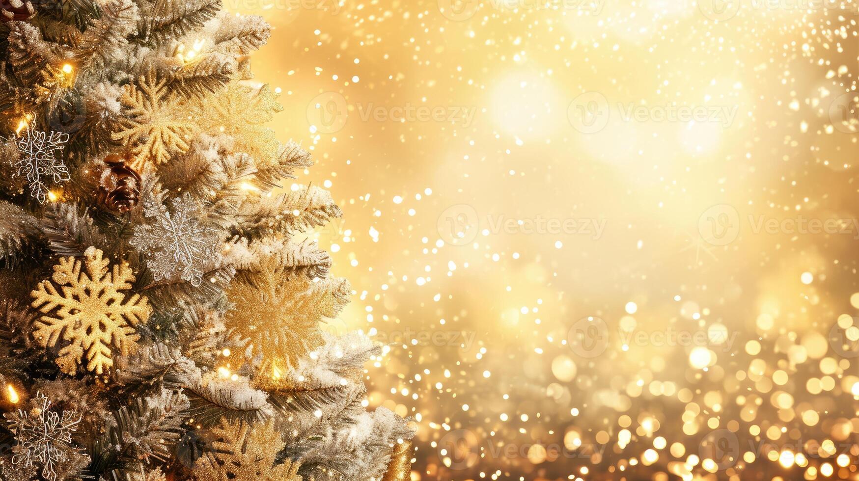 ai generato oro Natale albero con luci e i fiocchi di neve per un' festivo sfondo, ai generato foto