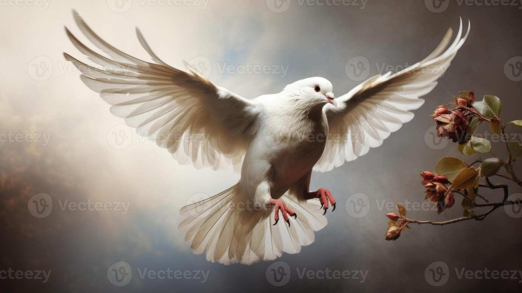 ai generato un' bianca colomba è volante attraverso il cielo con suo Ali diffusione largo, ai generato foto
