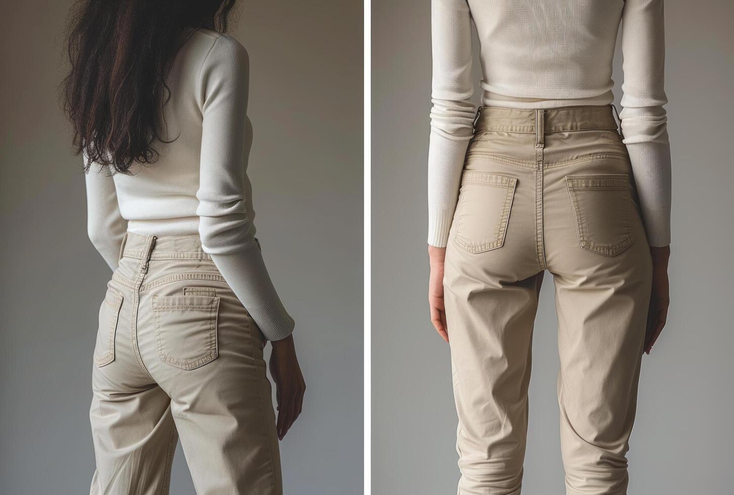 ai generato Due immagini di un' donna indossare beige pantaloni e un' bianca dolcevita camicia foto