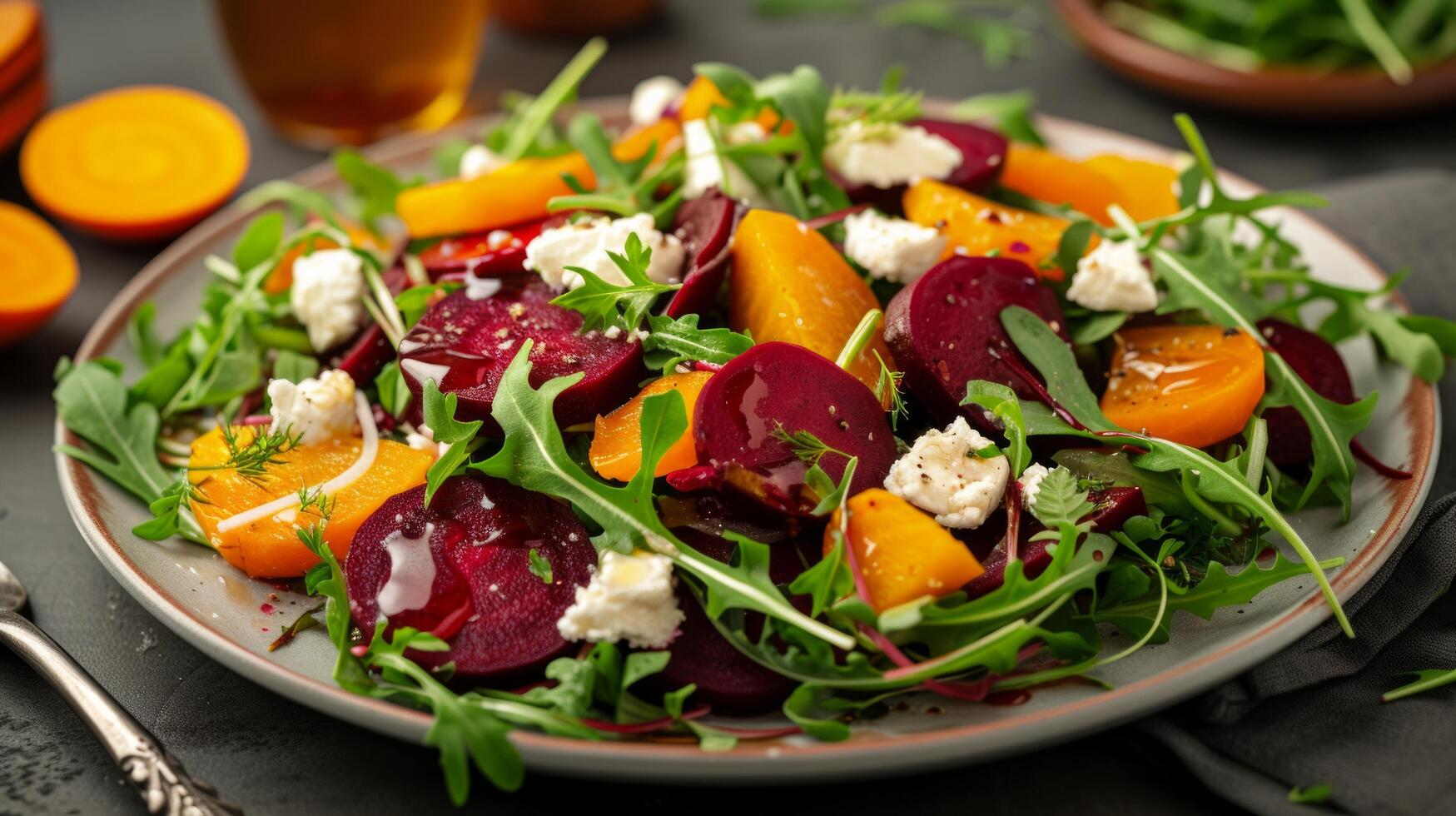 ai generato un' colorato arrostito barbabietola insalata con capra formaggio, rucola, e un' pioggerella di miele foto