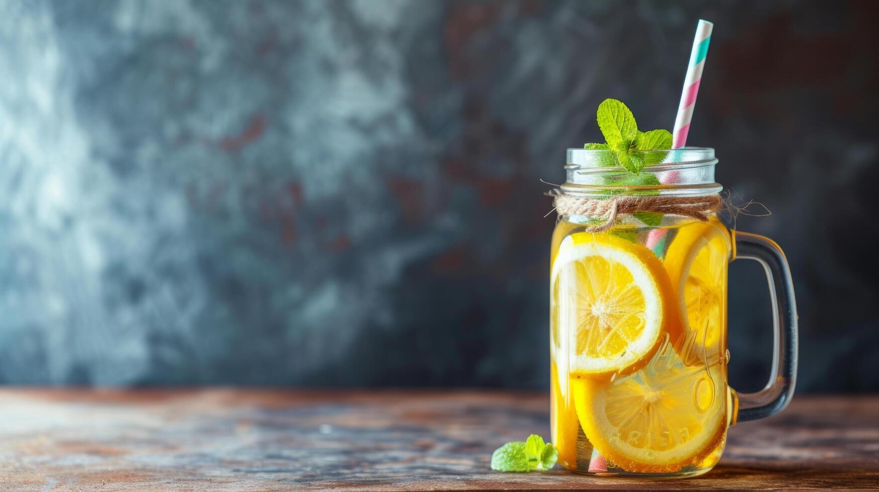 ai generato un' rustico muratore vaso pieno con limonata, ornato con un' colorato carta cannuccia foto