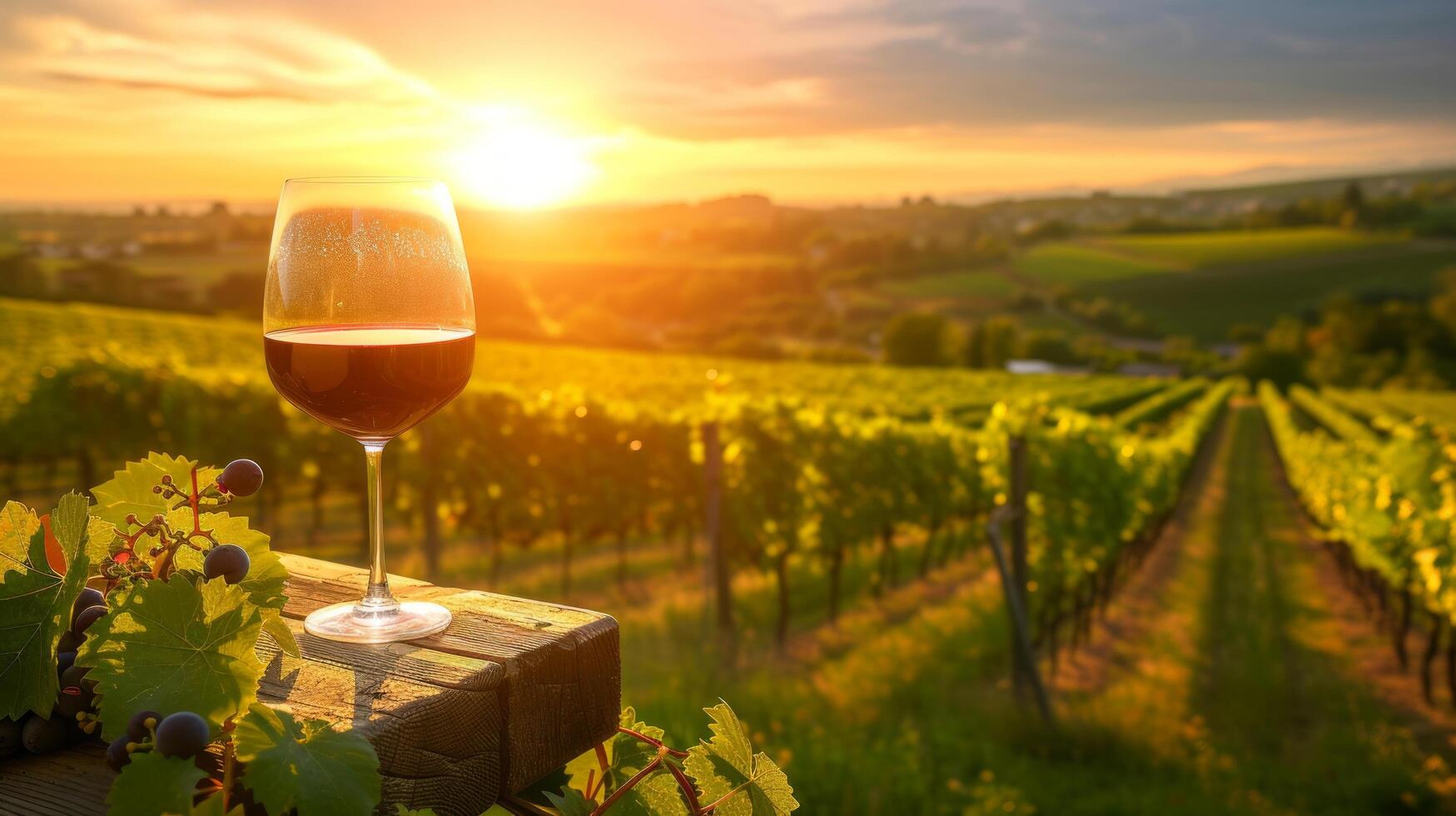 ai generato un' rustico vigneto paesaggio a tramonto, con righe di viti e un' bicchiere di rosso vino foto