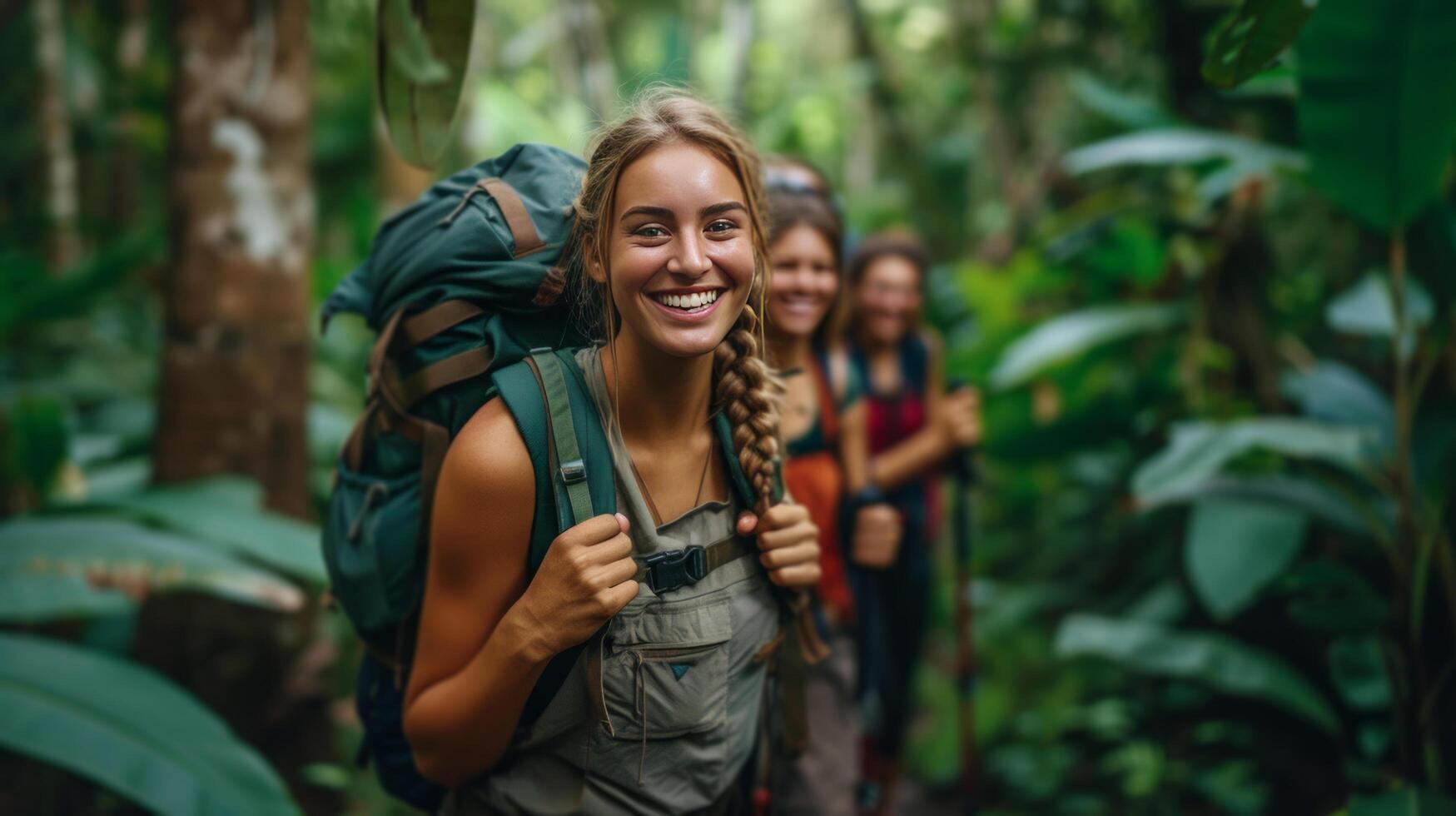 ai generato un' gruppo di amici escursioni a piedi attraverso un' denso, Smeraldo foresta, zaini su e sorrisi largo foto