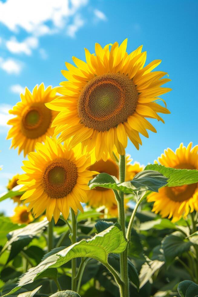 ai generato girasoli in piedi alto, loro d'oro facce a seguire il di sole sentiero attraverso il cielo foto