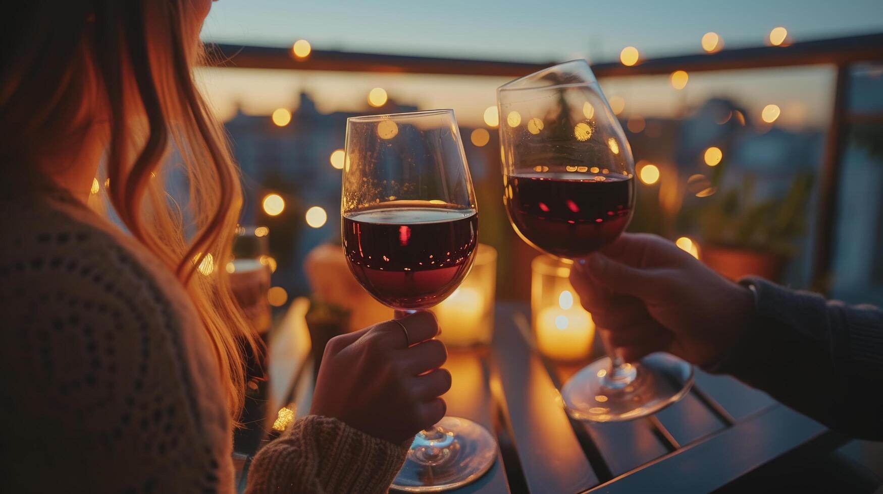 ai generato coppia tostatura vino a tramonto balcone foto