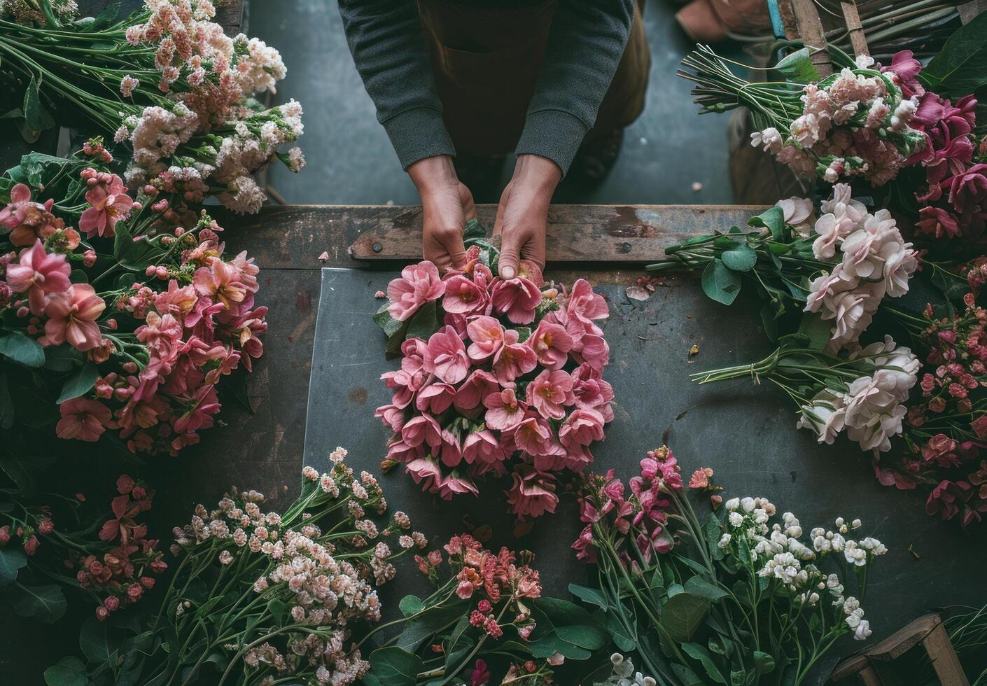 ai generato un' persona posa su fiori su il pavimento foto