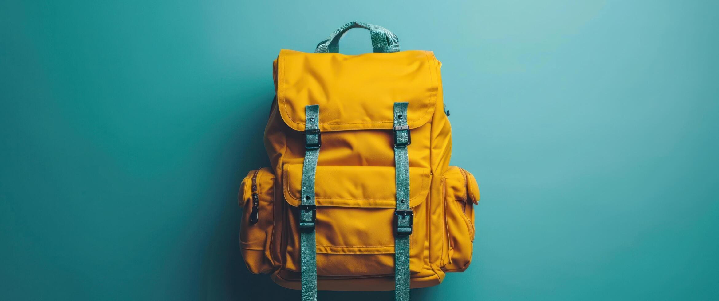 ai generato giallo cartella con scuola forniture su un' blu sfondo foto