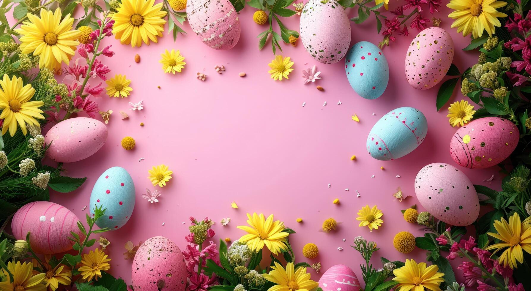 ai generato Pasqua uova disposte in giro un' rosa sfondo foto