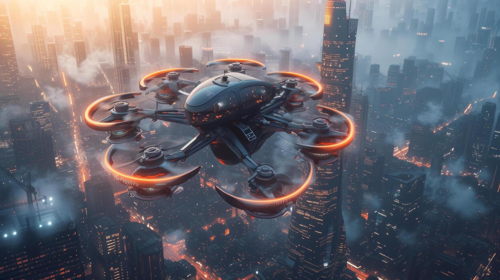 ai generato un' futuristico presidiato robo-passeggero fuco vola attraverso il cielo sopra un' moderno città foto