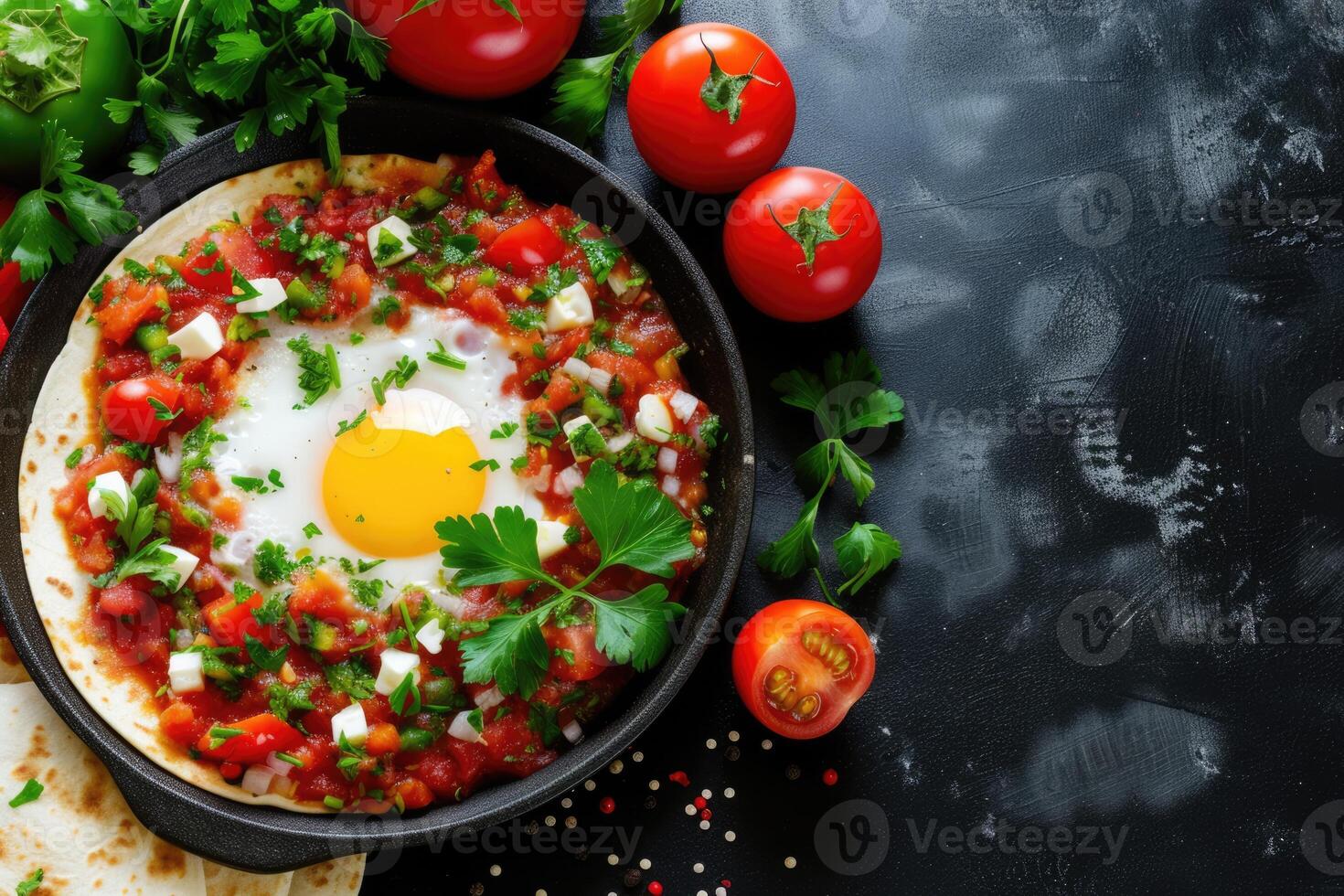 ai generato messicano huevos rancheros uovo arrosto, strapazzate uova, salsa, taco, tortillas, la verdura, prezzemolo foto