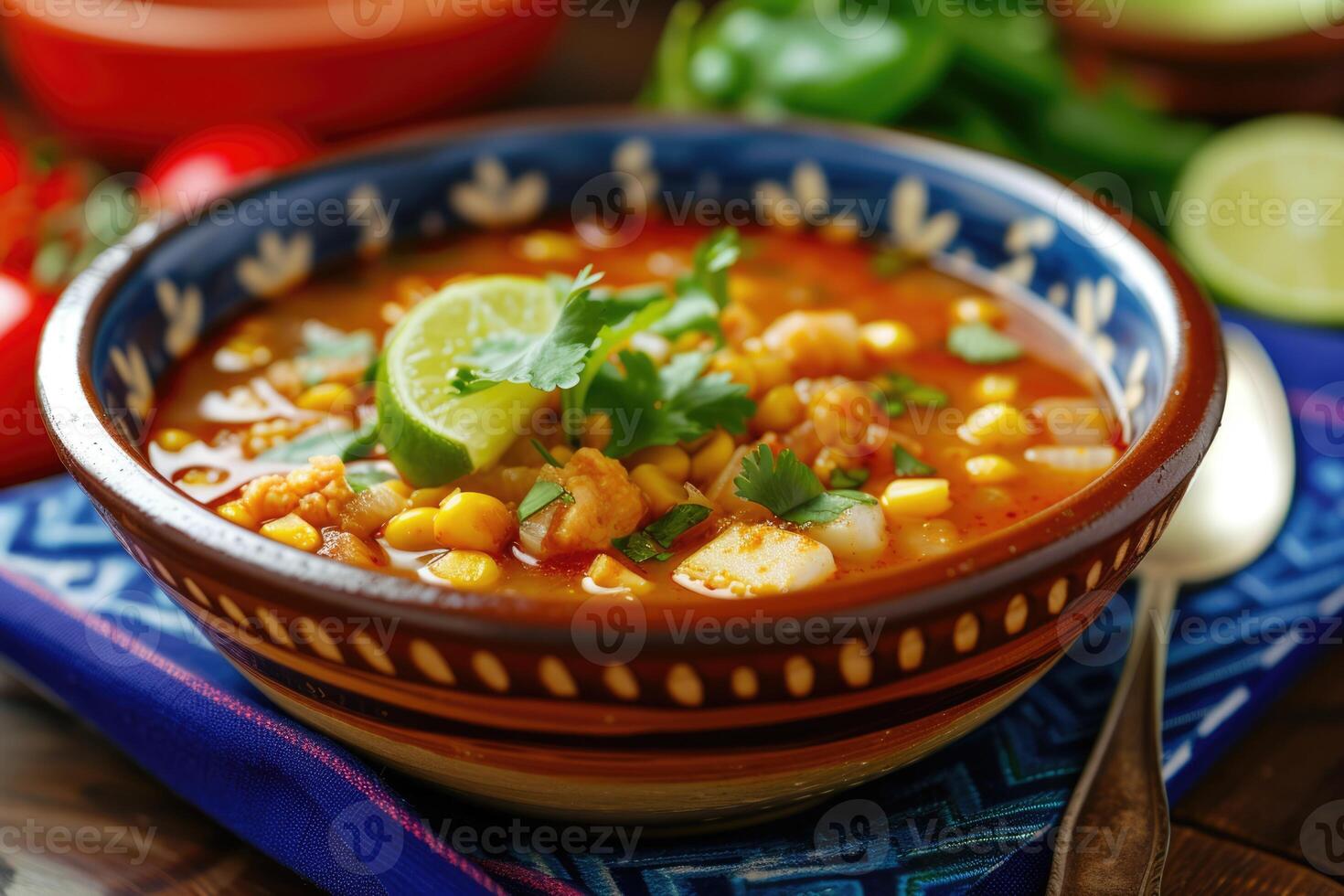 ai generato messicano rosso Pozole rojo la minestra con Maiale e verdure foto