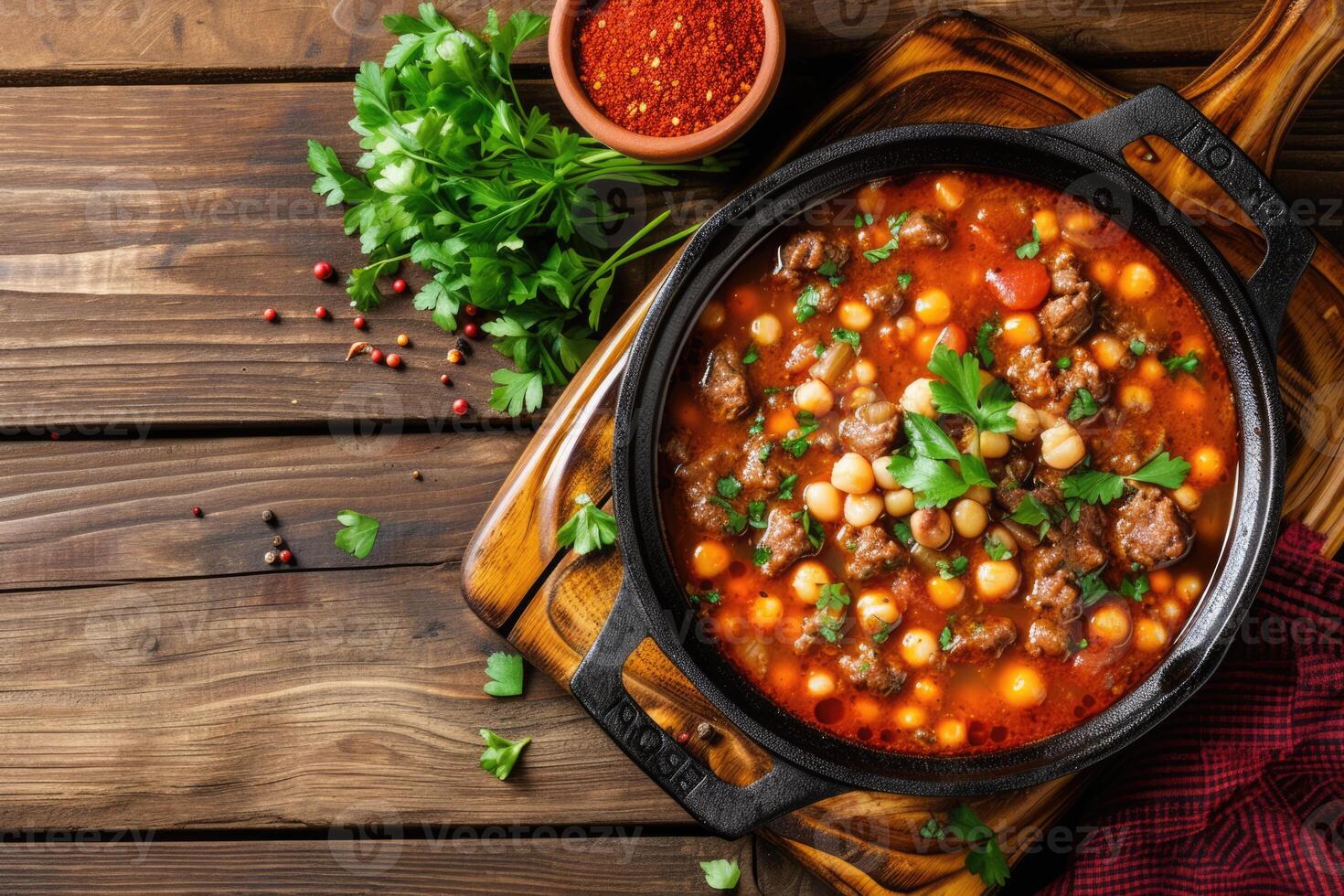 ai generato messicano rosso Pozole rojo la minestra con Maiale e verdure foto